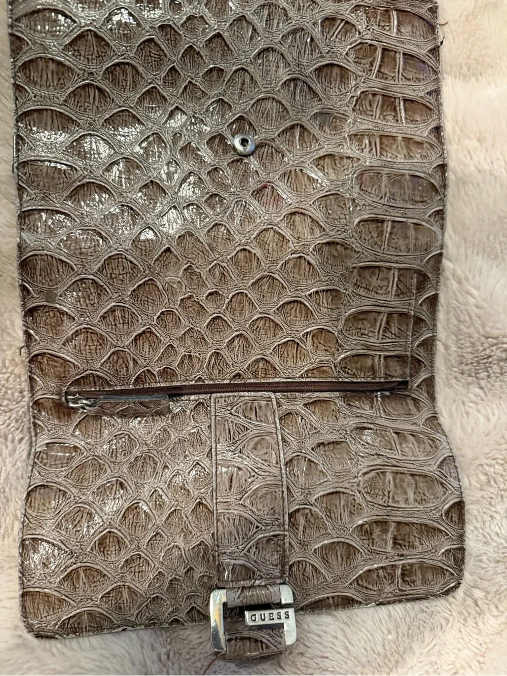 GUESS Metallic Taupe Croc-Embossed Clutch with Buckle